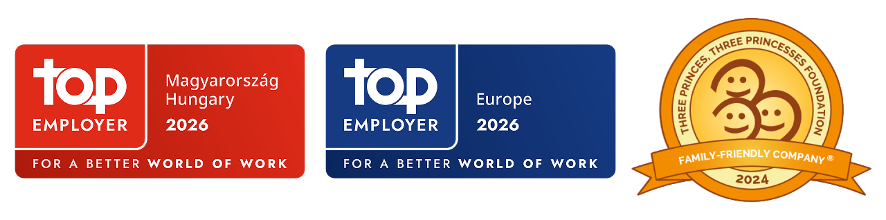  2026-os Top Employer tanúsítvány és 2024-es Családbarát vállalat 2024 logó látható a képen. 